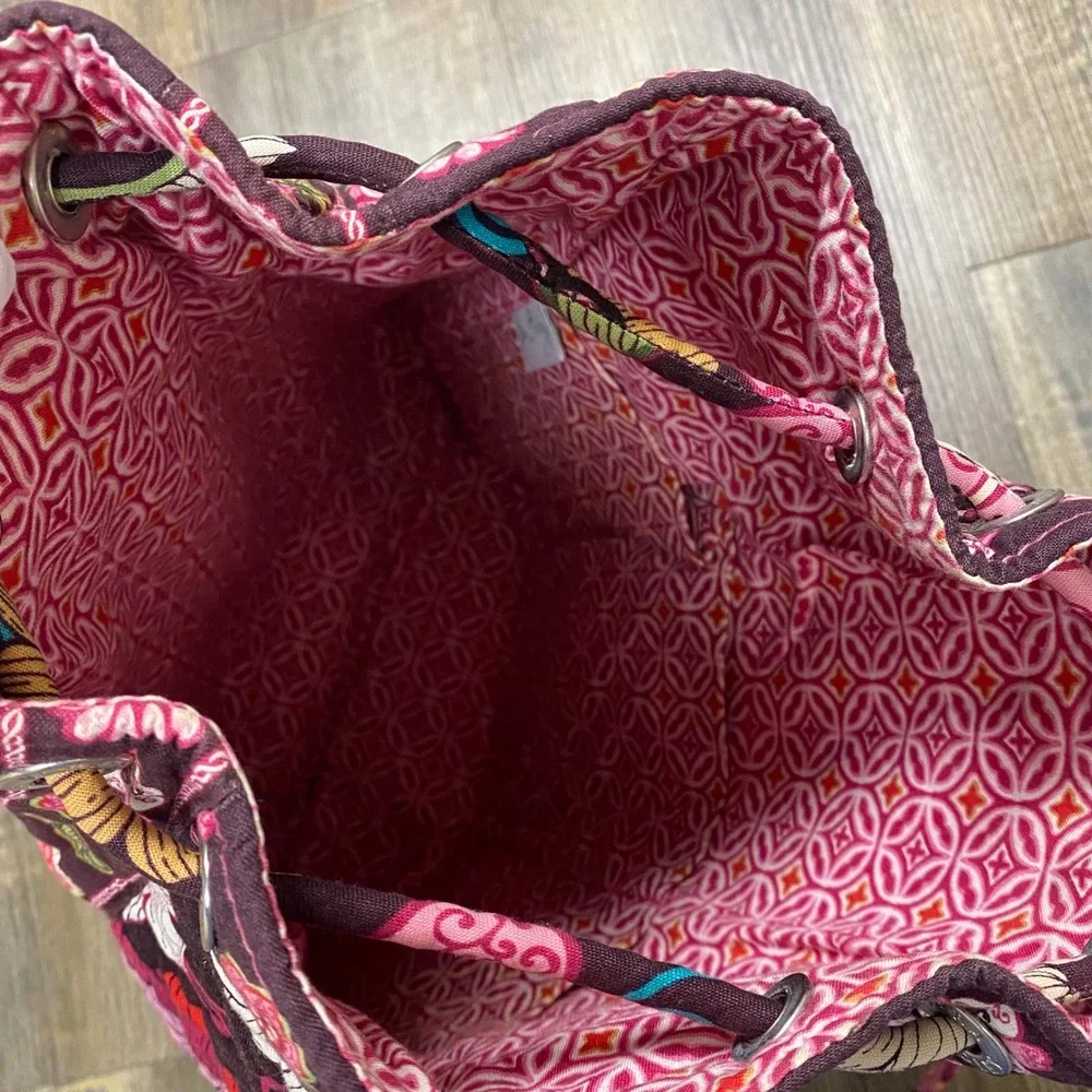 Vera Bradley Quilted Floral Pink/Brown Drawstring Backpack Bag Travel Pouch Sack